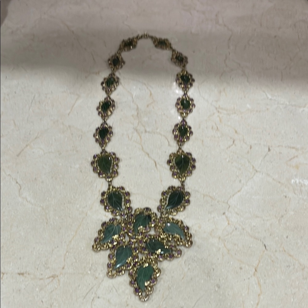 Green and Gold Statement Necklace with Ornate Design